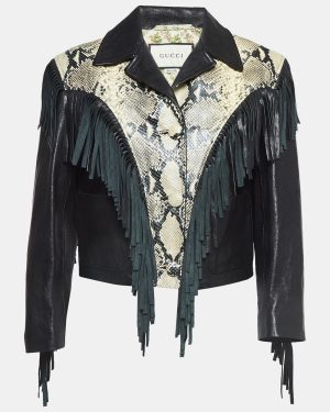 Gucci Black Python Embossed Fringed Leather Jacket M