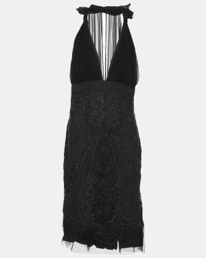 Gucci Black Silk Blend Embellished Halter Neck Midi Dress M