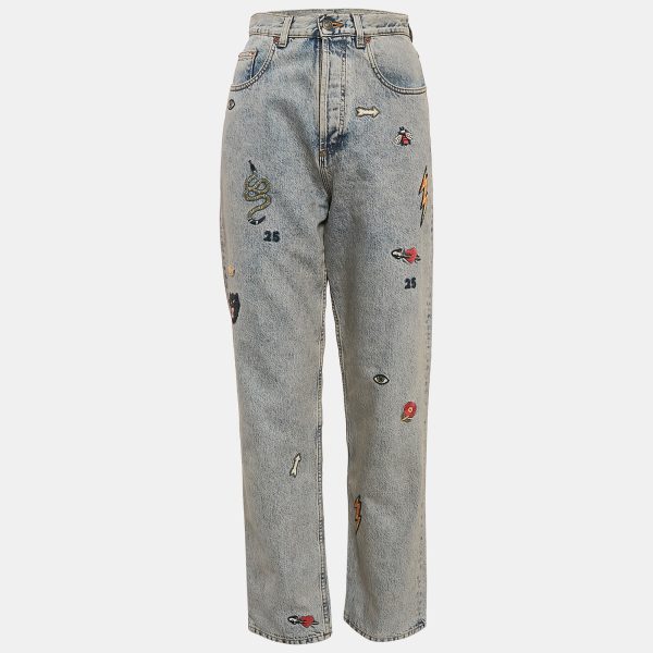 Gucci Blue Embroidered Denim Straight Leg Jeans S Waist 27"