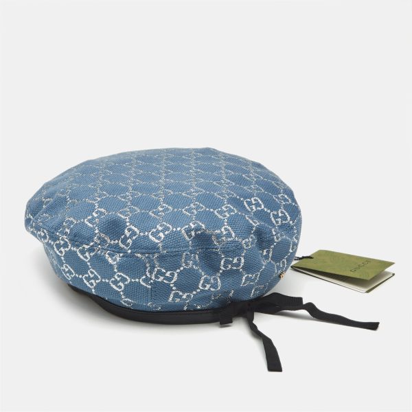 Gucci Blue GG Lamé Leather Trim Beret Cap M