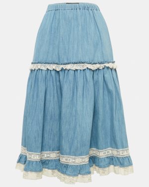 Gucci Blue Lace Trim Chambray Tiered Midi Skirt S
