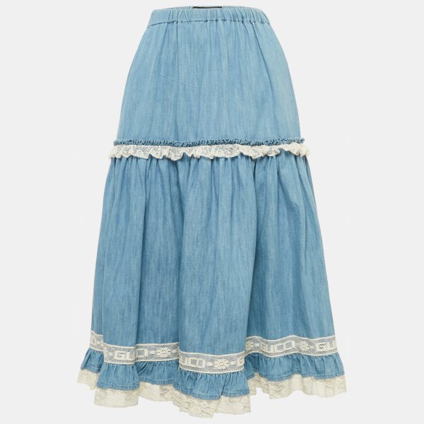 Gucci Blue Lace Trim Chambray Tiered Midi Skirt S