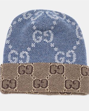 Gucci Blue/Brown GG Jacquard Wool Knit Beanie Hat S