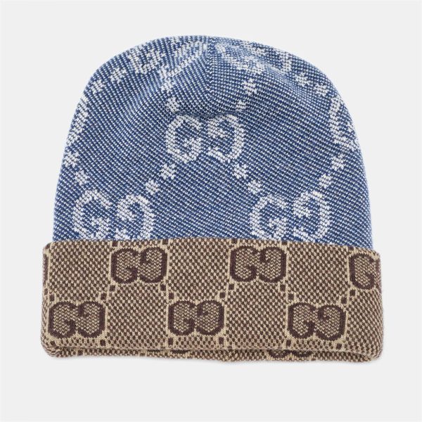 Gucci Blue/Brown GG Jacquard Wool Knit Beanie Hat S