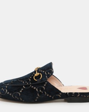 Gucci Blue/Gold GG Velvet Princetown Horsebit Flat Mules Size 34.5