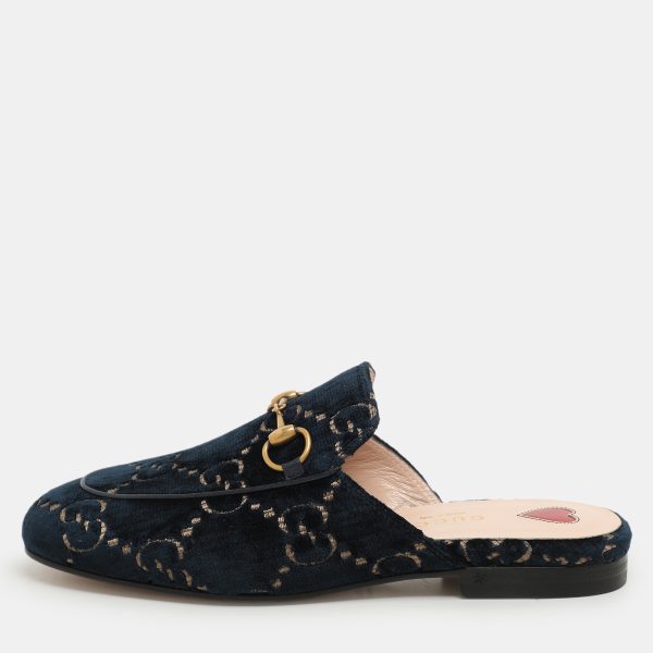 Gucci Blue/Gold GG Velvet Princetown Horsebit Flat Mules Size 34.5