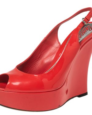 Gucci Coral Red Patent Leather Peep-Toe Slingback Wedge Sandals Size 37.5
