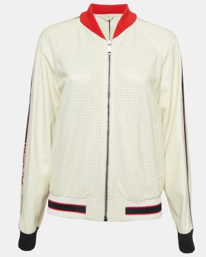 Gucci Cream Logo Print Leather Perforated Detail Bomber Jacket L