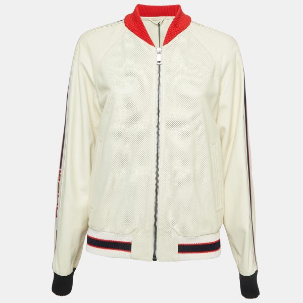 Gucci Cream Logo Print Leather Perforated Detail Bomber Jacket L