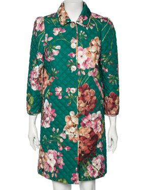 Gucci Green Floral Printed Quilted Cotton Button Front Coat M