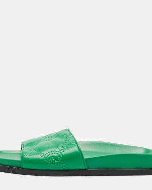 Gucci Green Leather GG Matelassè Embroidered Flat Slide Sandals Size 38
