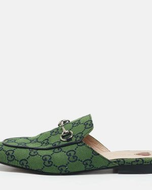 Gucci Green/Navy Blue GG Canvas Princetown Horsebit Flat Mules Size 38