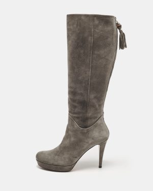 Gucci Grey Suede Bamboo Tassel Knee Length Platform Boots Size 39