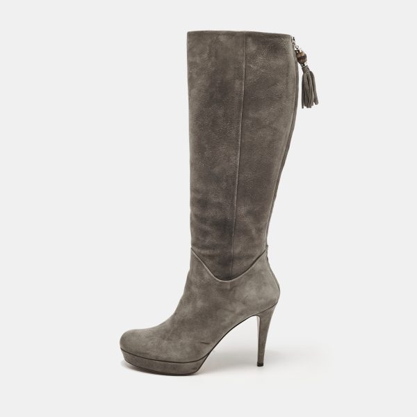 Gucci Grey Suede Bamboo Tassel Knee Length Platform Boots Size 39