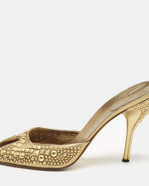 Gucci Metallic Gold Studded Leather Peep Toe Slide Mules Size 40.5