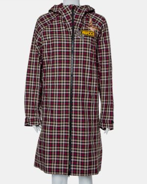 Gucci Multicolor Plaid Canvas Zipper Front Hooded Coat S