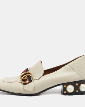 Gucci Off White Leather Interlocking G Horsebit Slip On Loafers Size 36.5