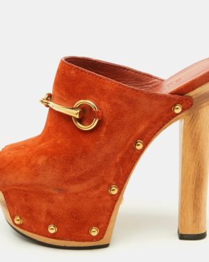 Gucci Orange Suede Horsebit Open Toe Platform Mules Size 35