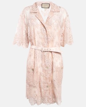 Gucci Pink Floral Lace Belted Shirt Dress XL