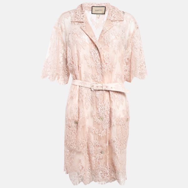 Gucci Pink Floral Lace Belted Shirt Dress XL