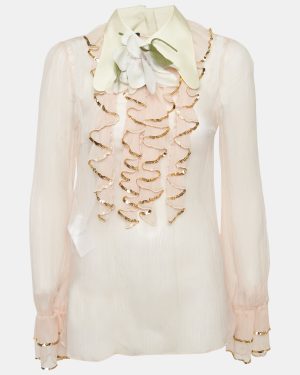 Gucci Pink Sequin Ruffled Silk Floral Detail Sheer Shirt M