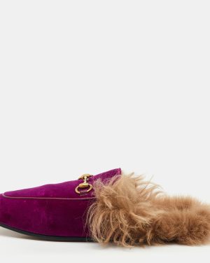 Gucci Purple Fur and Velvet Princetown Mules Size 38