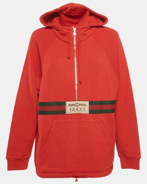 Gucci Red Cotton Web and Gucci Label Hooded Sweatshirt XXS