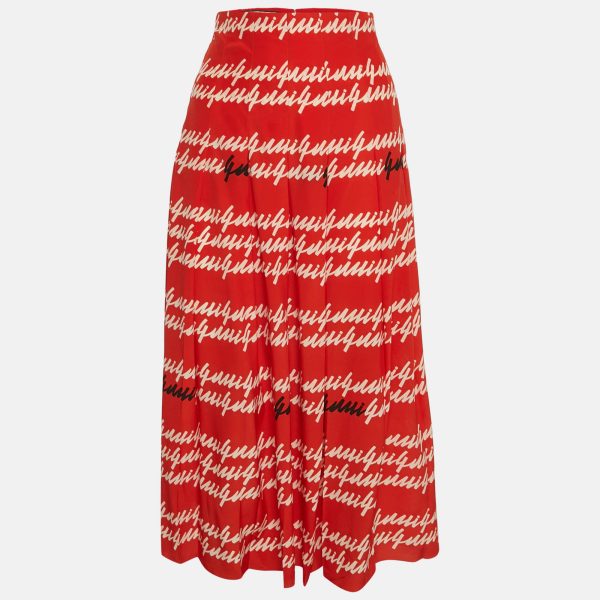 Gucci Red Letters Print Silk Pleated Midi Skirt S