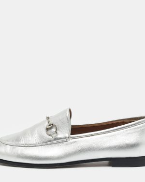 Gucci Silver Leather Jordaan Horsebit Slip On Loafers Size 39