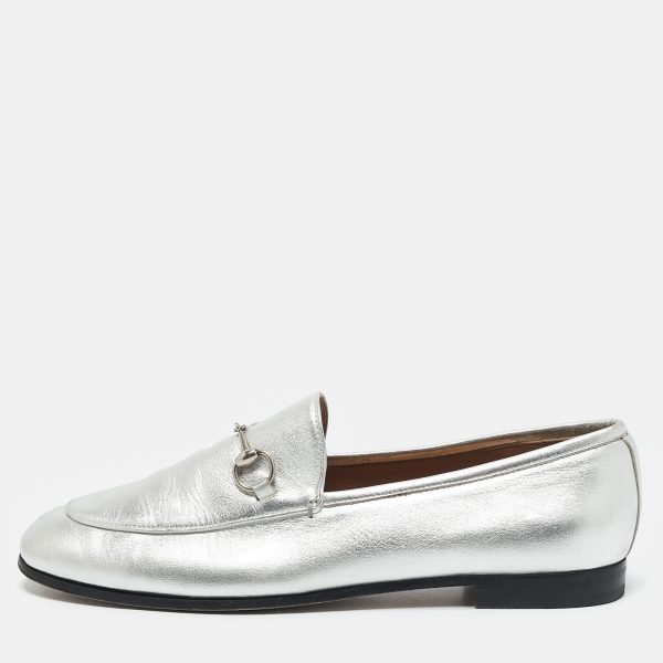 Gucci Silver Leather Jordaan Horsebit Slip On Loafers Size 39