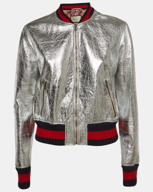 Gucci Silver Metallic Crinkle Leather Bomber Jacket L