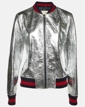Gucci Silver Metallic Crinkle Leather Bomber Jacket XL