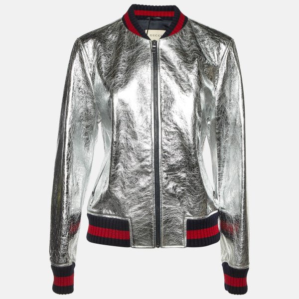 Gucci Silver Metallic Crinkle Leather Bomber Jacket XL