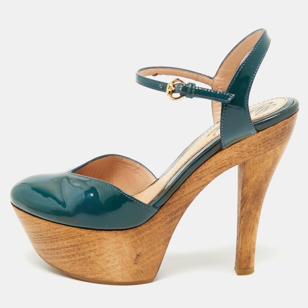 Gucci Teal Green Patent Leather Platform Ankle Strap Sandals Size 35