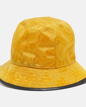 Gucci Yellow Logo Leather Applique GG Canvas Bucket Hat