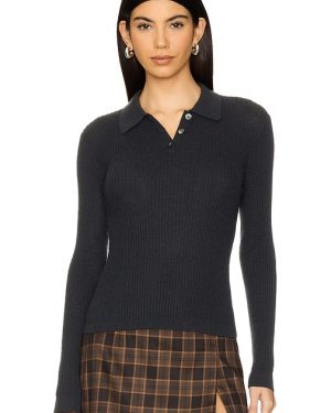 Guest In Residence Long Sleeve Shrunken Polo Top in Black. Size S, XL, XS.
