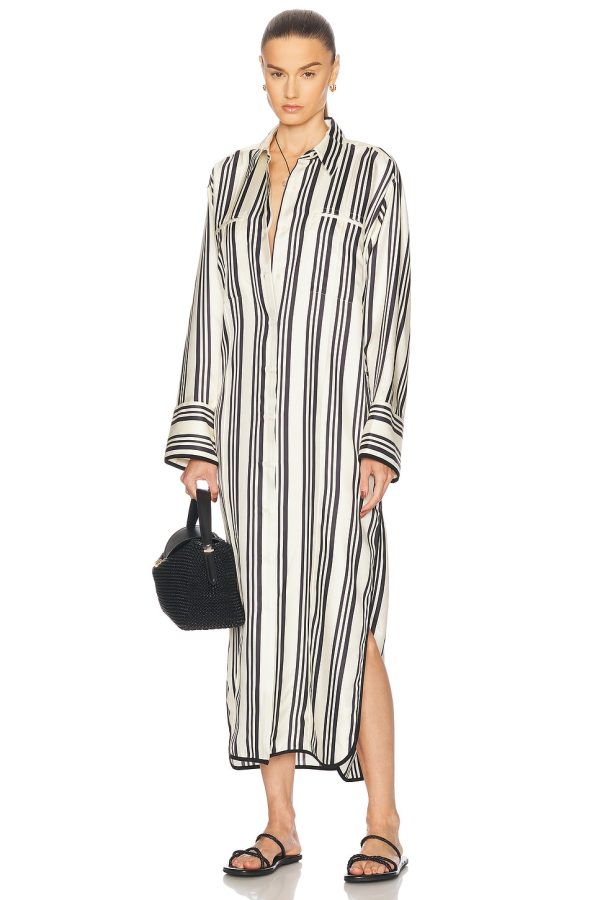 HEIRLOME Viviana Stripe Shirt Dress in Cream & Black - Black,White. Size L (also in S, XS).