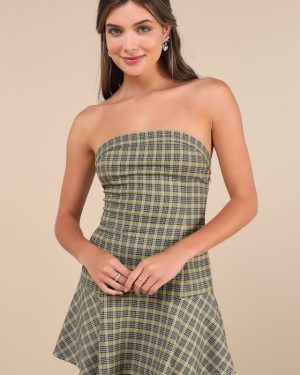 Hadia Yellow Plaid Strapless Drop Waist Mini Dress
