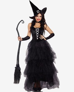 Halloween Witch Costumes For Women Black Polyester Scary Long Dress Hat Holidays Costumes Full Set、