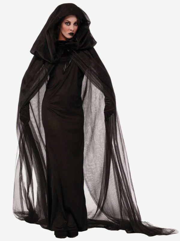Halloween Witch Costumes For Women Black Scary Headwear Polyester Tunic Dress Holidays Costumes Full Set
