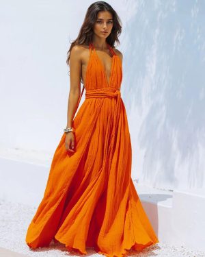 Halter Neck Belted Maxi Dress For Summer Beach 2025