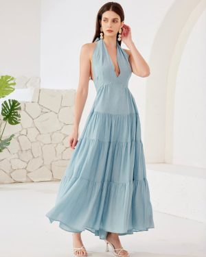 Halter Neck Boho Dress Summer Beach Layered A-line Long Dress For Women 2025