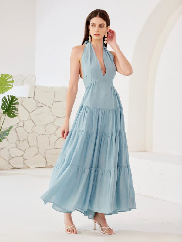 Halter Neck Boho Dress Summer Beach Layered A-line Long Dress For Women 2025