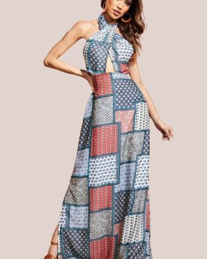 Halter Neck Printed Maxi Dress - Blue by City Goddess