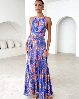 Halter Neckline Floral Maxi Dress With Open Back For Summer 2025