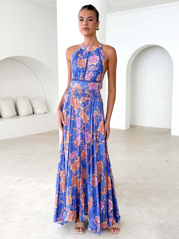 Halter Neckline Floral Maxi Dress With Open Back For Summer 2025