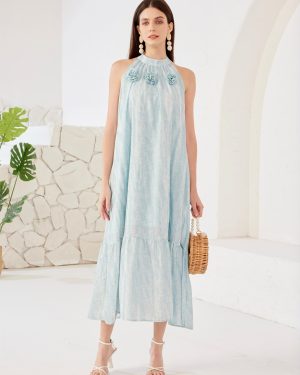 Halter Shift Dress In Light Sky Blue Sleeveless Summer Midi Dress For Women 2025