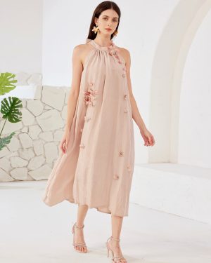 Halter Shift Dress With 3D Flowers Summer Beach Midi Dress For Women 2025