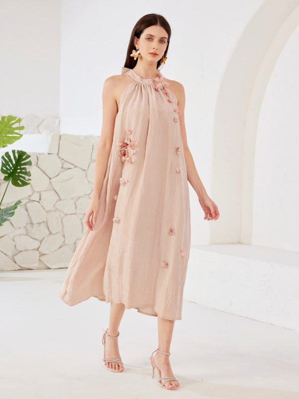 Halter Shift Dress With 3D Flowers Summer Beach Midi Dress For Women 2025