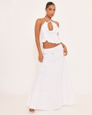 Halterneck Frill Detail Asymmetric Top And Tiered Maxi Skirt Co-Ord Set In White, Women's Size UK 6